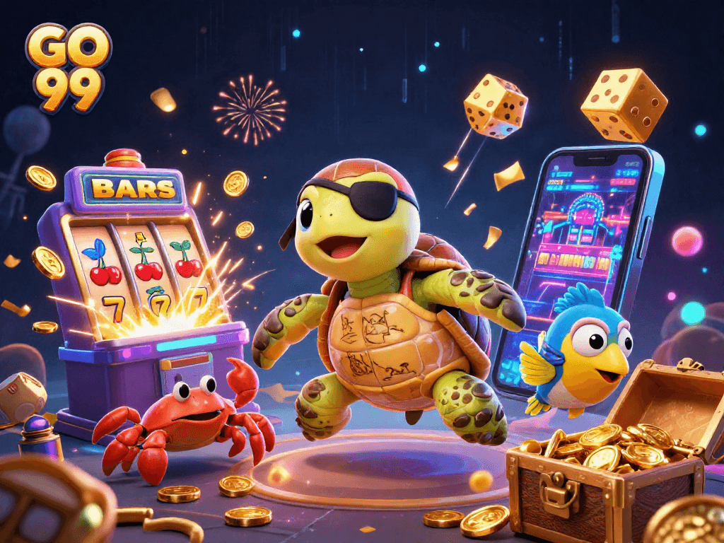 Experience thrilling wins with GO 99 in this vibrant 3D casino adventure illustration.