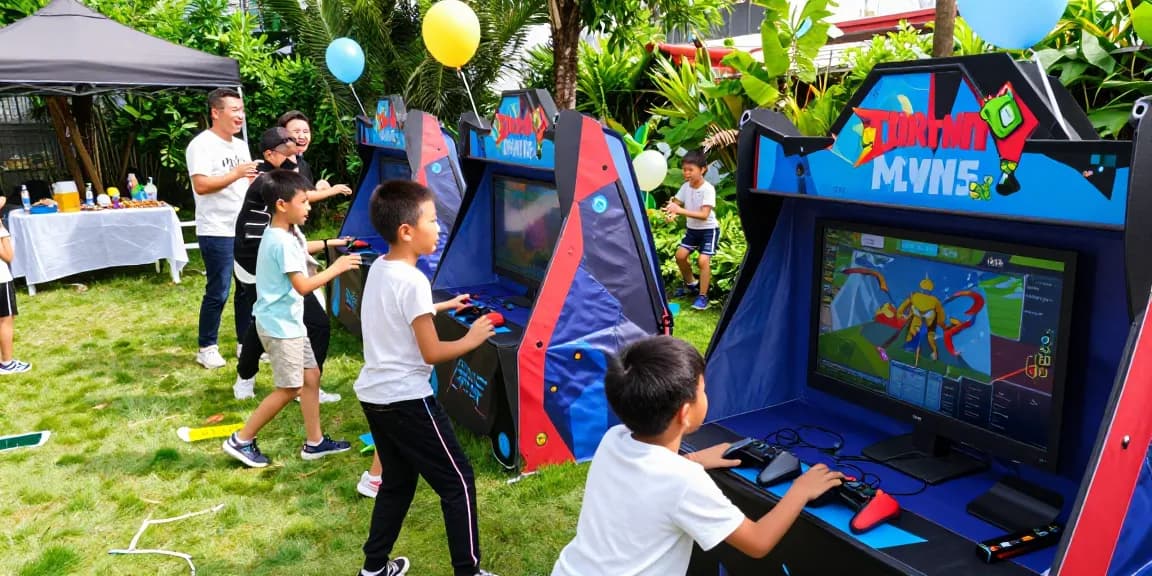Children enjoying a Gaming party London with vibrant outdoor setup and tournament excitement.