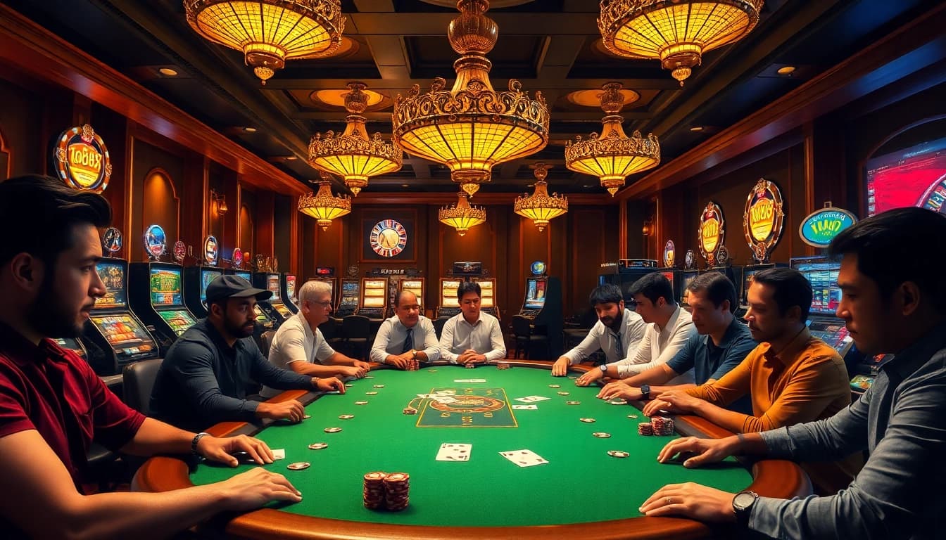 A dynamic poker game featuring mb 88 chips and cards, set in an elegant casino atmosphere.