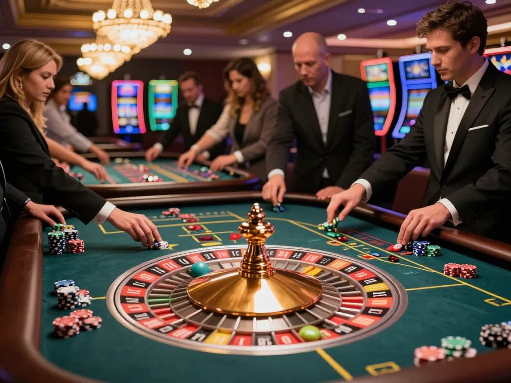 Experience the thrill of bet168 with players intensely focused on a spinning roulette wheel in a luxury casino.