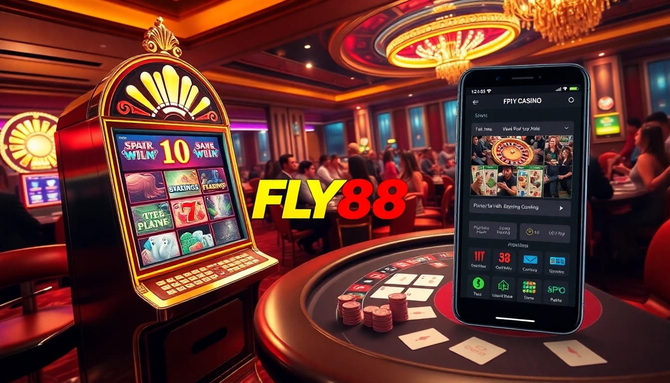 Experience the thrill of the FLY88 App with dynamic casino scenes featuring slot machines, poker tables, and roulette games.