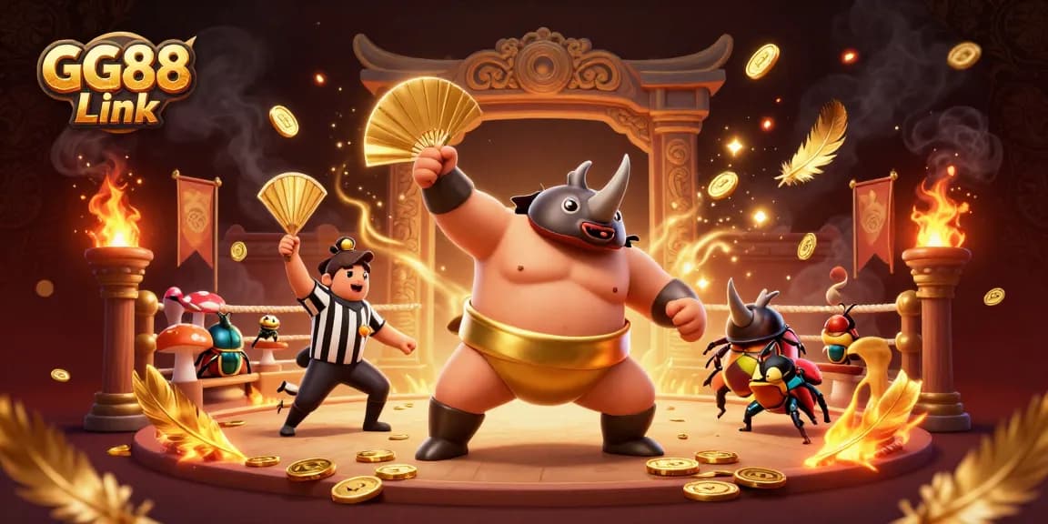 Experience fun action with GG88 Link, featuring a vibrant beetle sumo match and exciting casino elements.