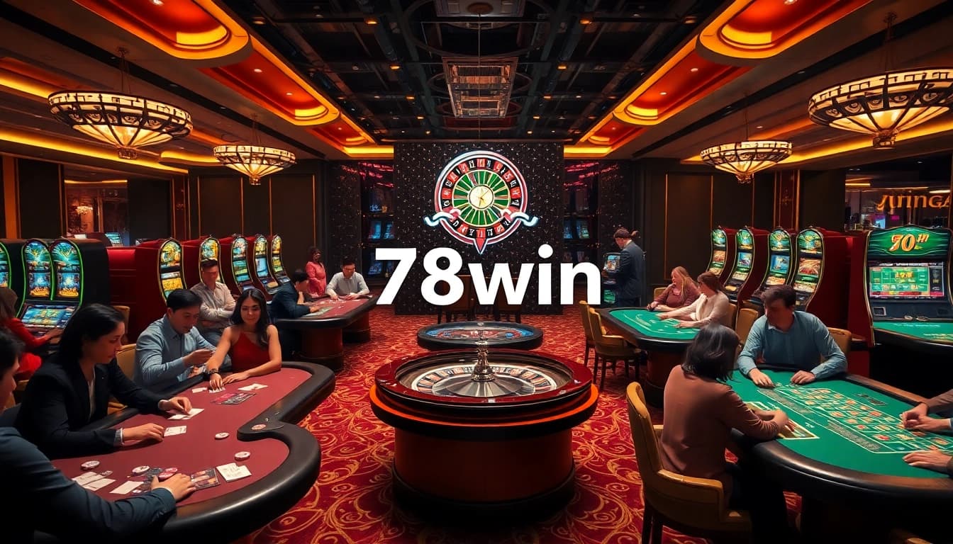 "The thrilling atmosphere of '78win' casino, showcasing players enjoying poker and slot machines."