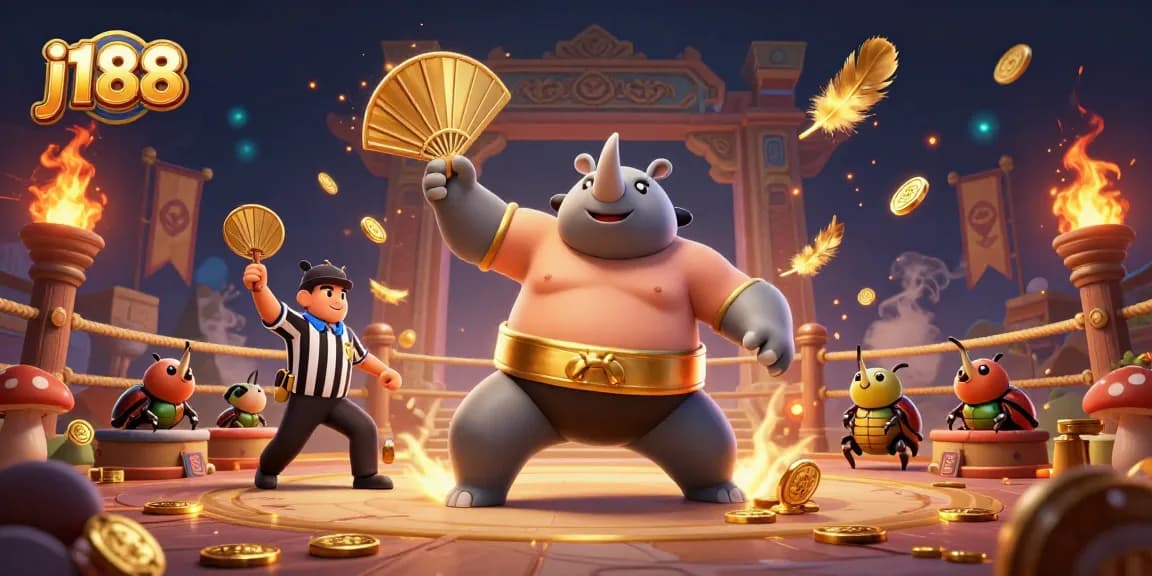 Experience thrilling j188 action in a vibrant 3D illustration of a sumo champion in a dynamic gambling arena.