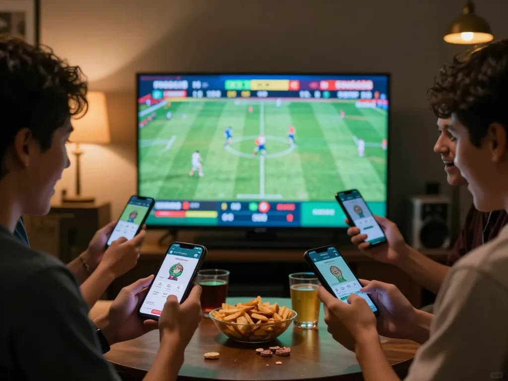 Excited friends placing bets via the rokok88 daftar app during a live sports event in a cozy setting.