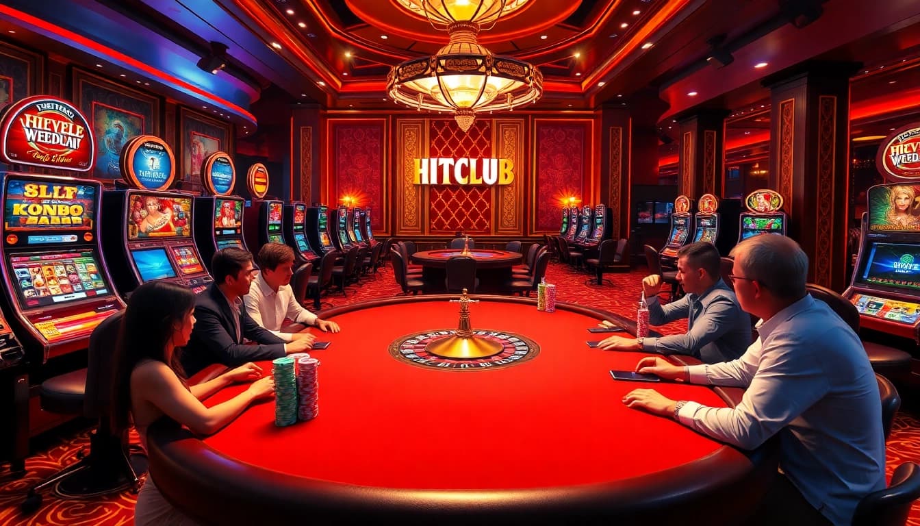 HITCLUB-themed poker table with vibrant chips and luxury casino environment.