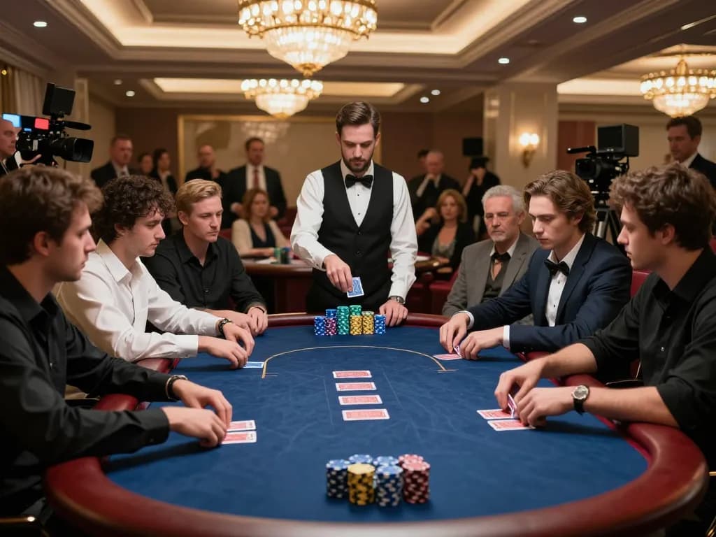 Players engaged in a serious poker showdown at a luxurious casino table, showcasing the excitement of rokok88 daftar.