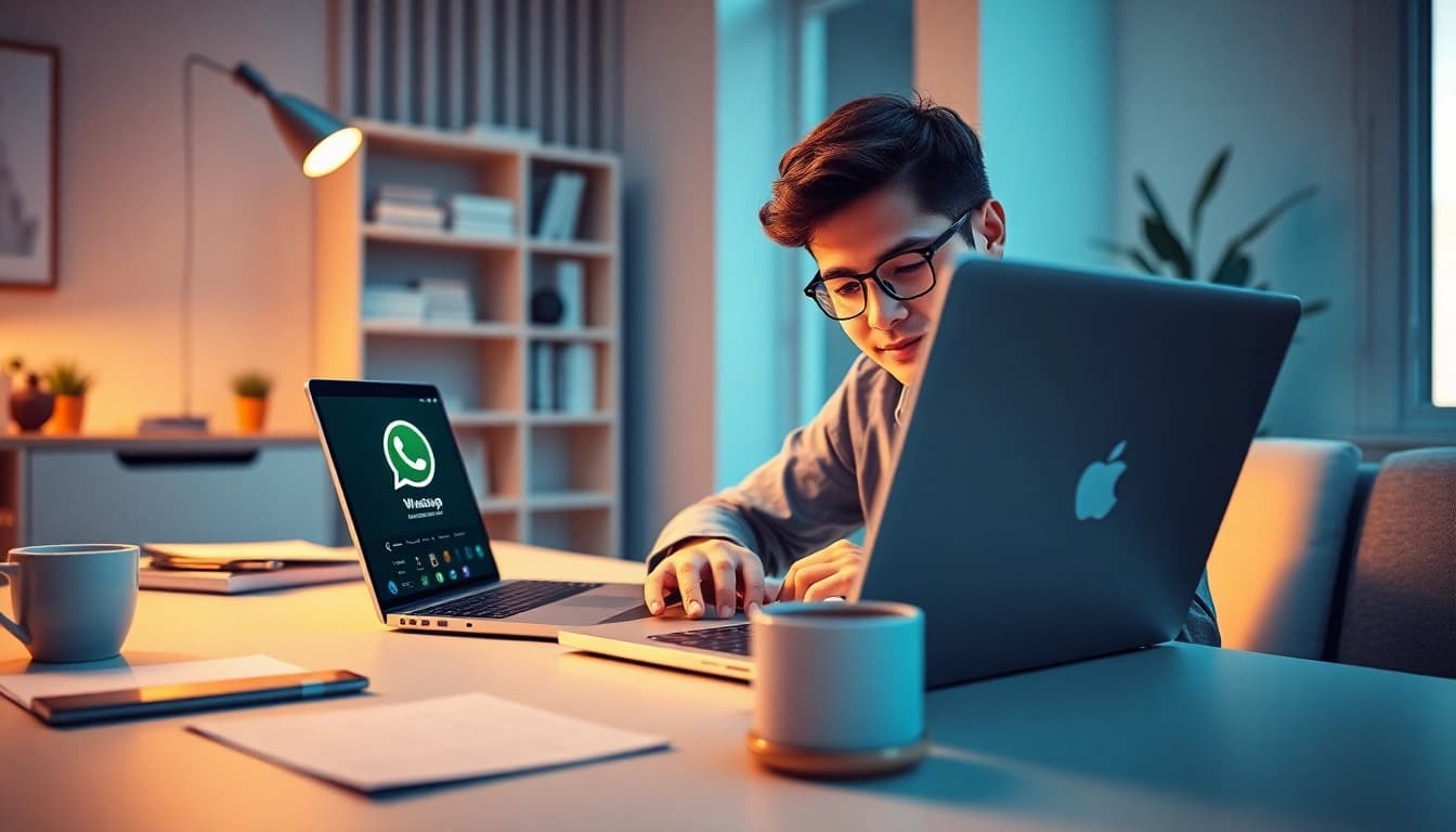 在现代家庭办公室设置中使用 WhatsApp网页版的年轻专业人士。