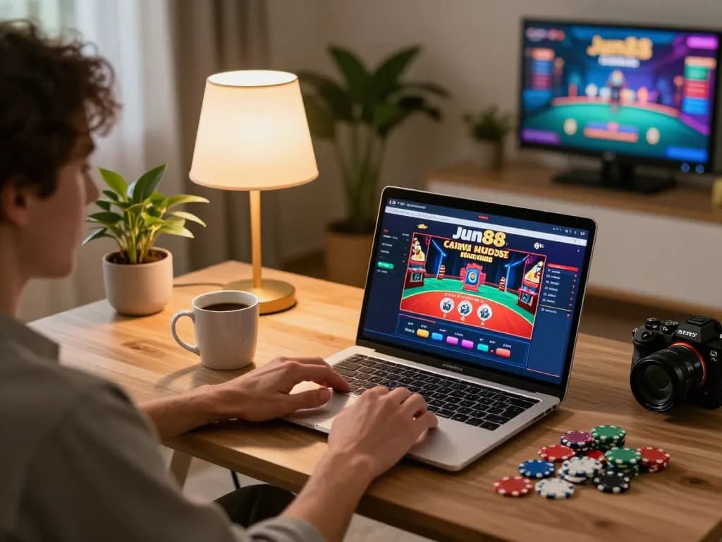 Engaging with jun88 online casino interface in a cozy home setup, featuring poker chips and warm lighting