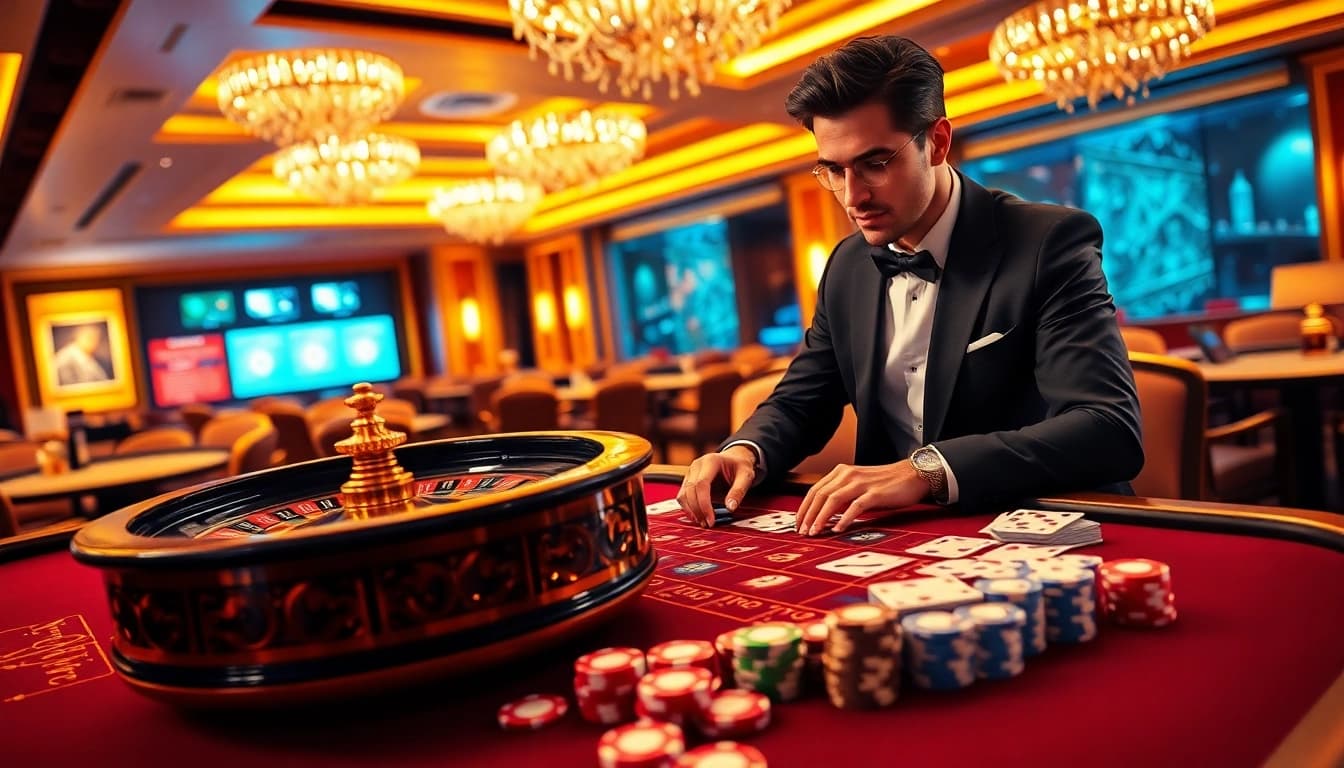 Experience luxury gambling at https://topxx88.com/ with a vibrant casino scene featuring poker chips and a roulette wheel.