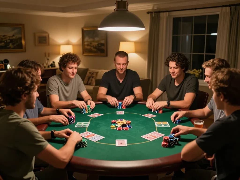 Fabet players enjoy an exciting poker game at home with chips and cards visible.