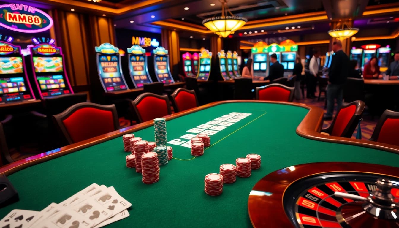 Exciting poker game setup highlighting MM88 with colorful chips and cards.