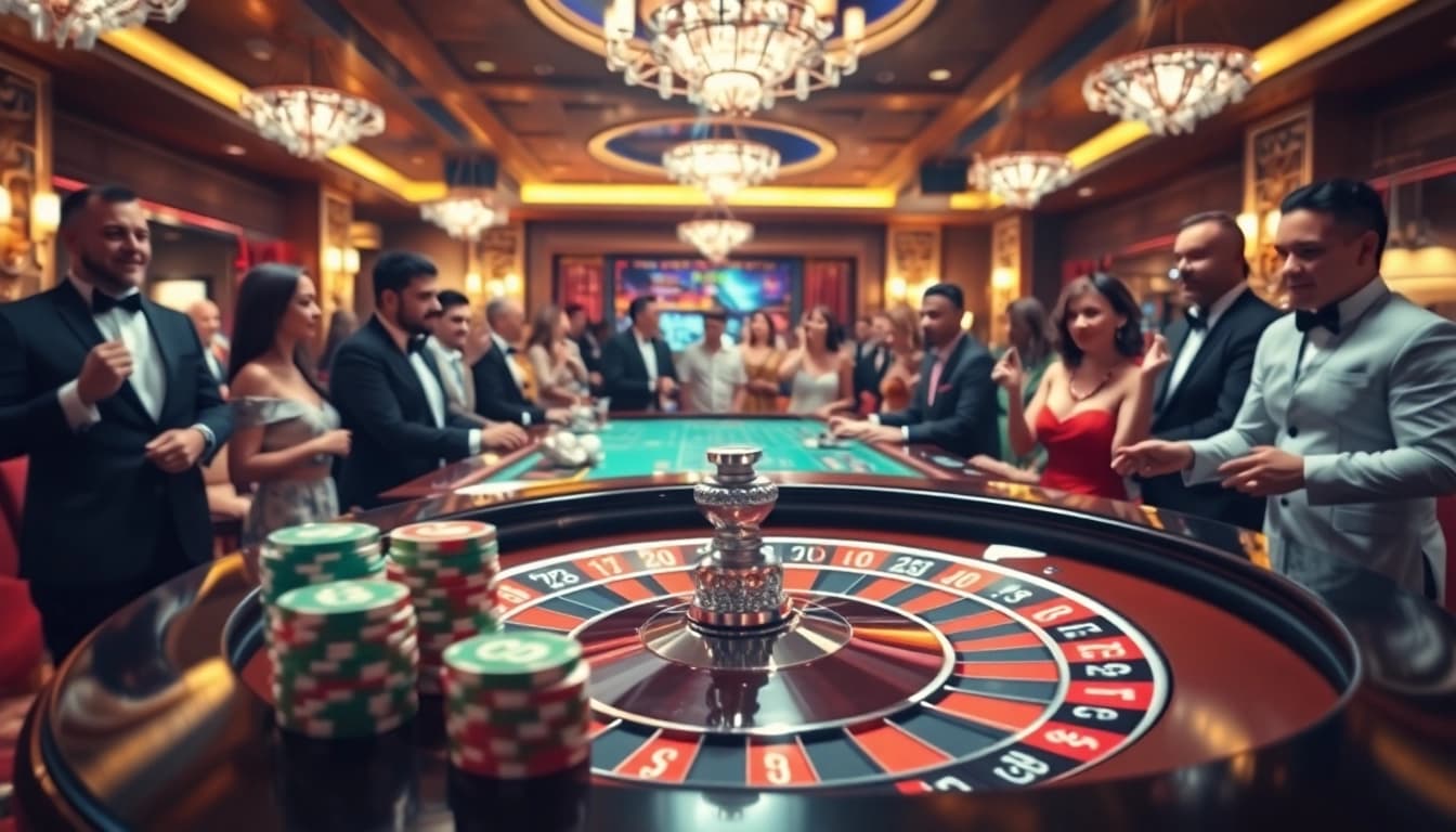Engage with i9bet at an upscale casino featuring roulette and betting slips.
