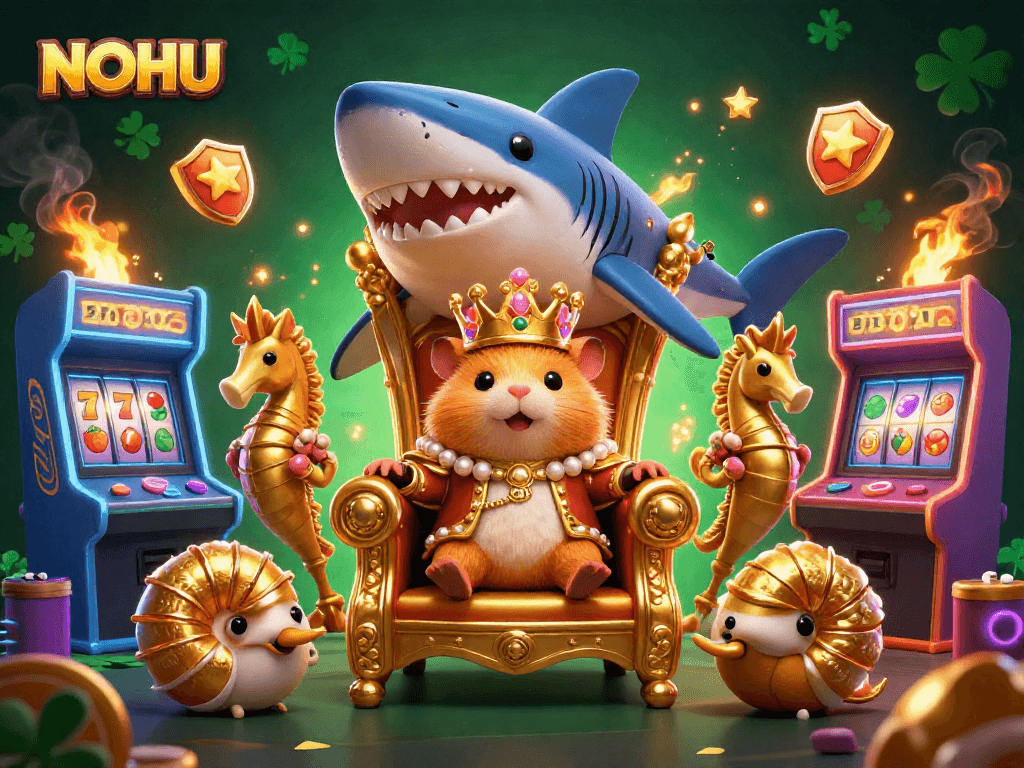 Engage in NOHU's captivating casino world with a golden hamster king amidst arcade and slot game elements.