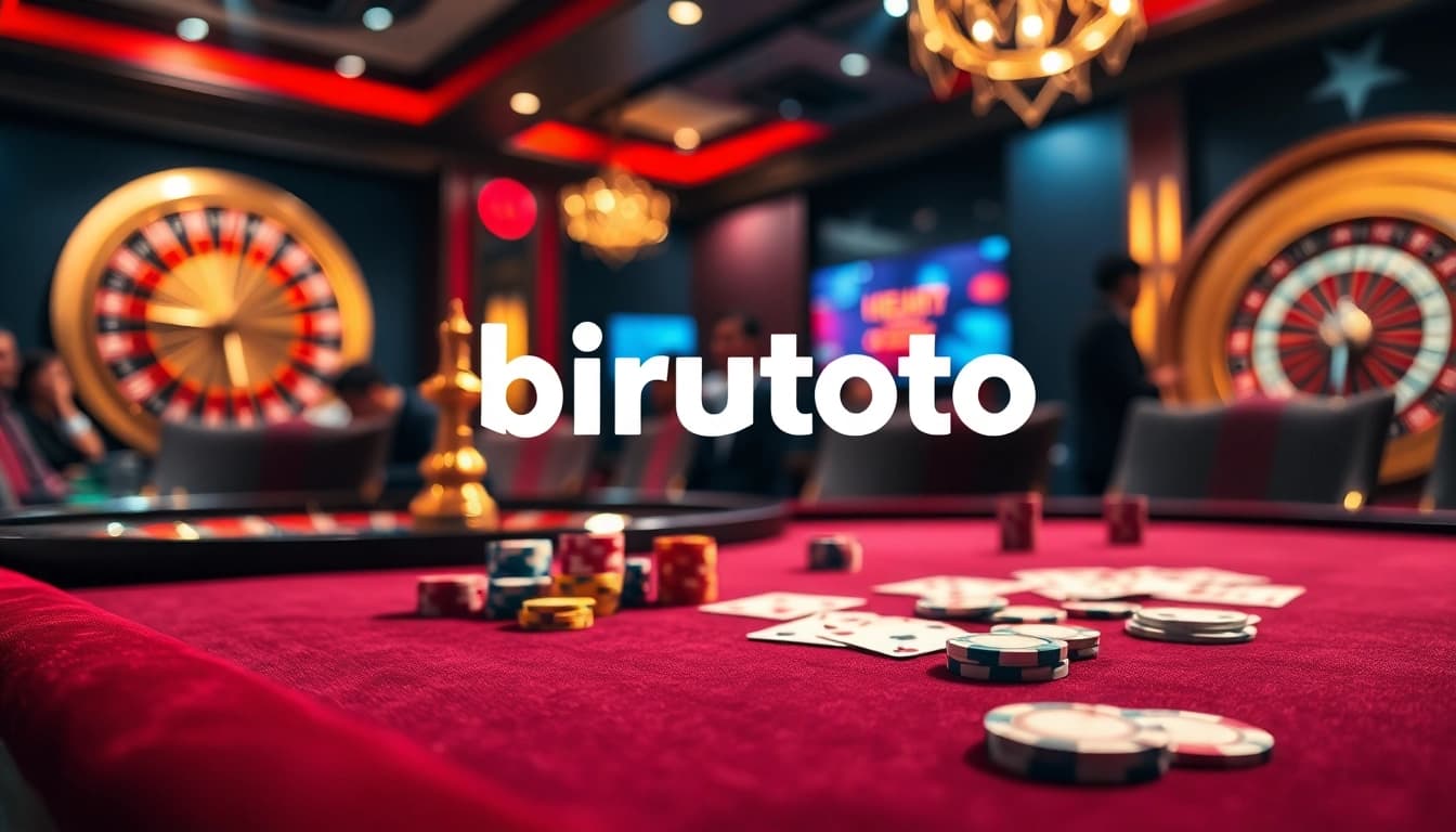 Experience thrilling gameplay at birutoto casino with vibrant poker chips and a spinning roulette wheel.