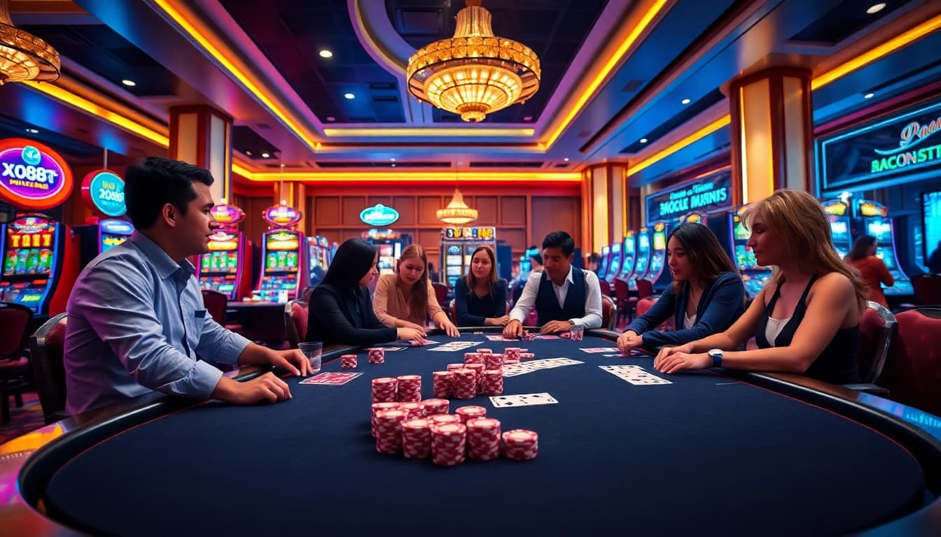 Players delight in the xx88t3 casino experience, with vibrant chips and cards in play.