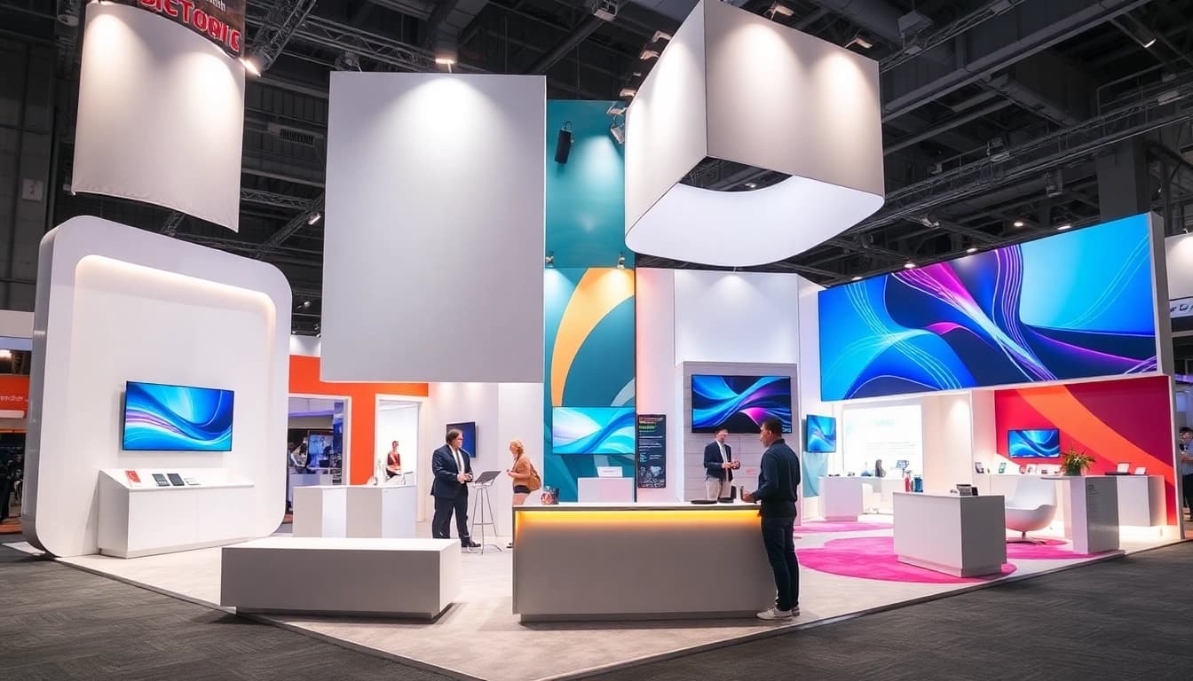 Custom exhibition stand builder UK designing a vibrant, inviting exhibition booth for trade shows.