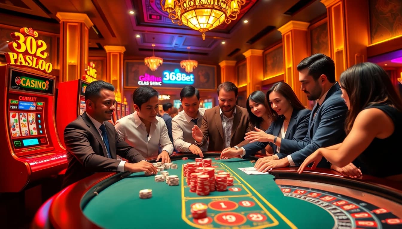 Engaging gamblers playing at a luxurious casino table showcasing new88bet poker chips and slot machines.