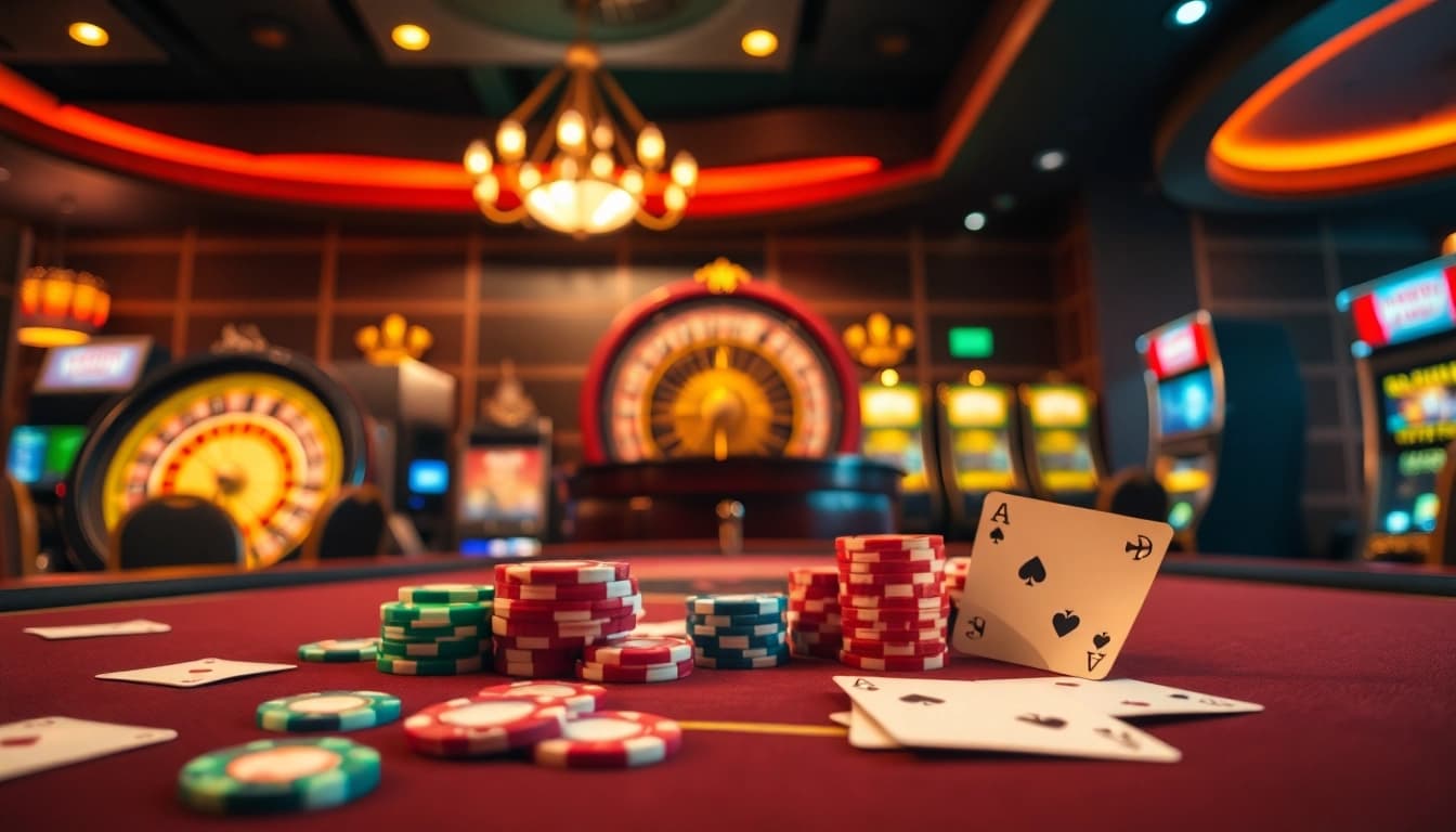 Engage with sunwin at a vibrant casino table filled with colorful poker chips and cards.
