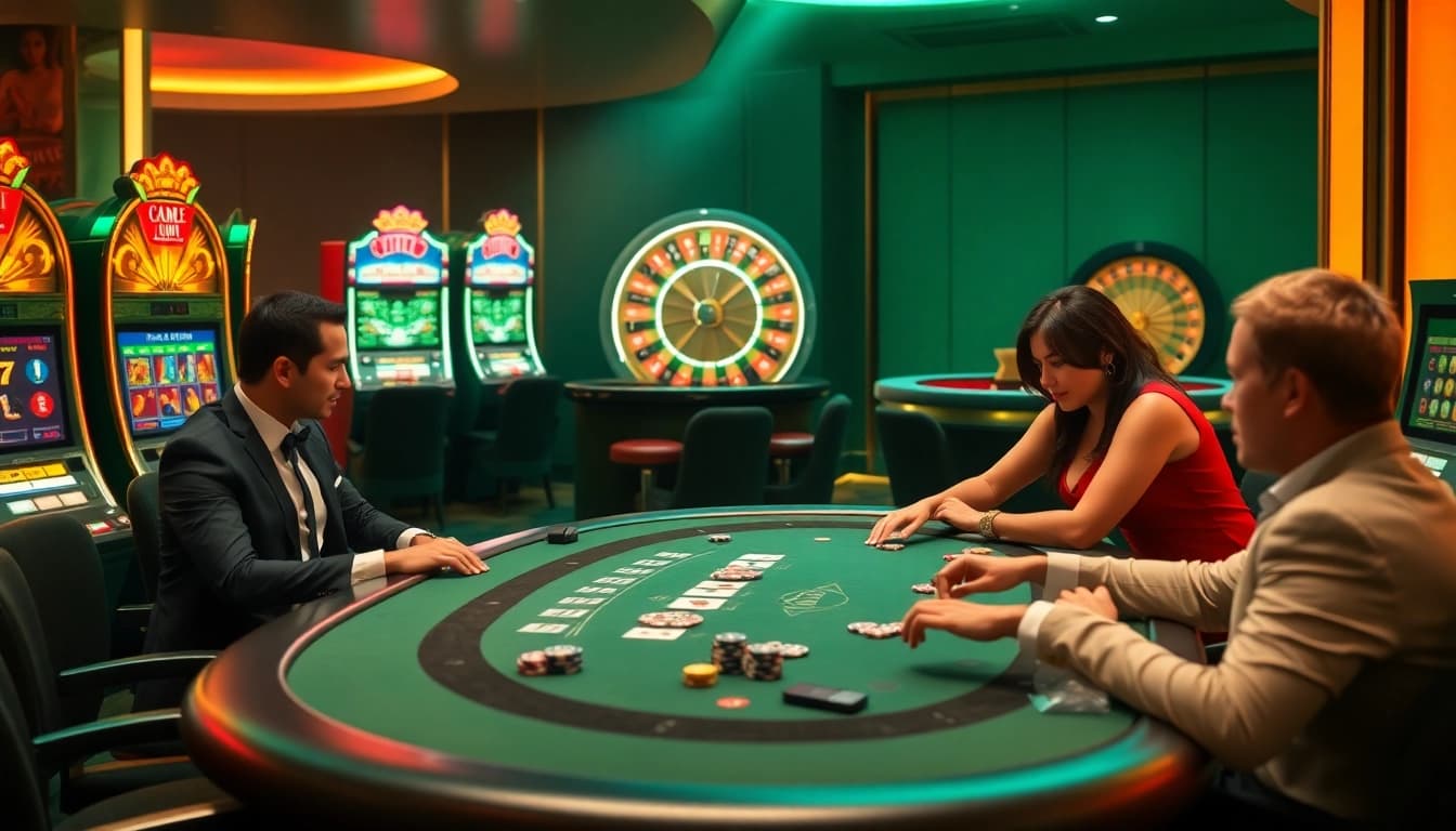 Players enjoying a professional game at F168 poker tables surrounded by vibrant casino elements.