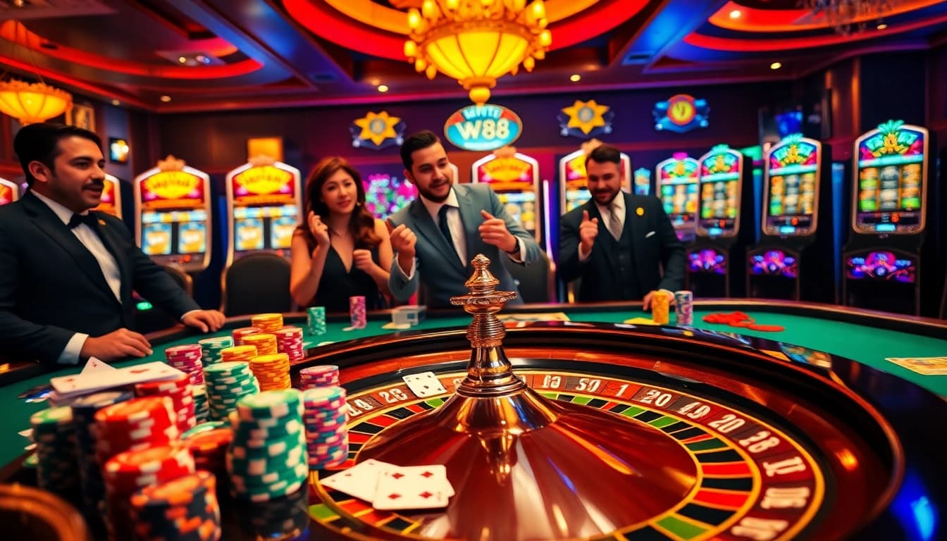 Experience the thrill of gambling at https://w88ai.net/ with vibrant casino tables and poker chips.