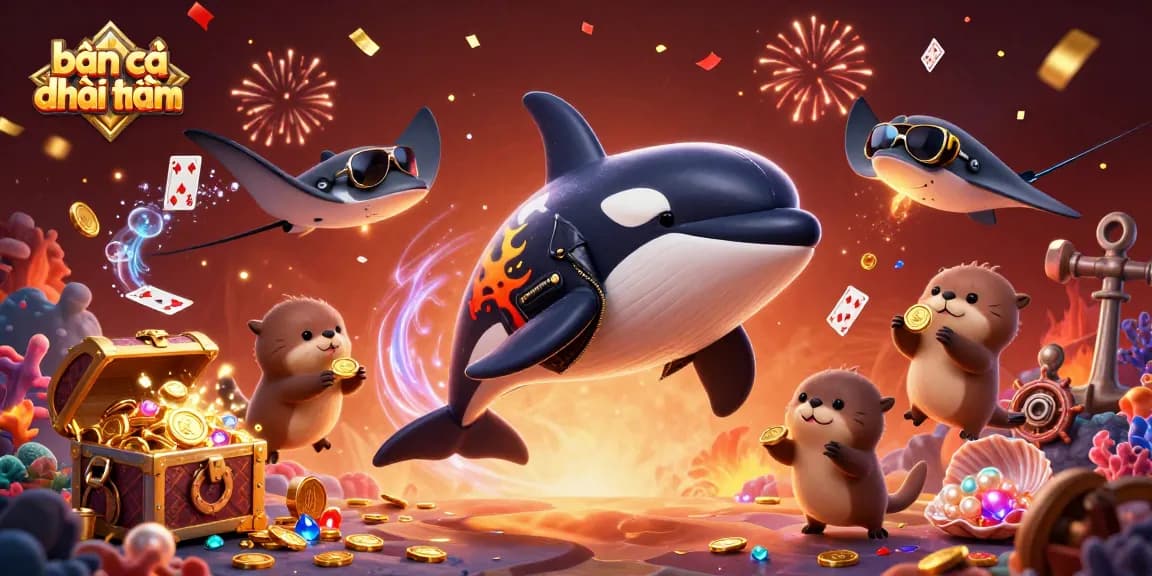 Engage in bắn cá đổi thưởng action with vibrant sea animals celebrating amidst treasure, creating thrilling moments.