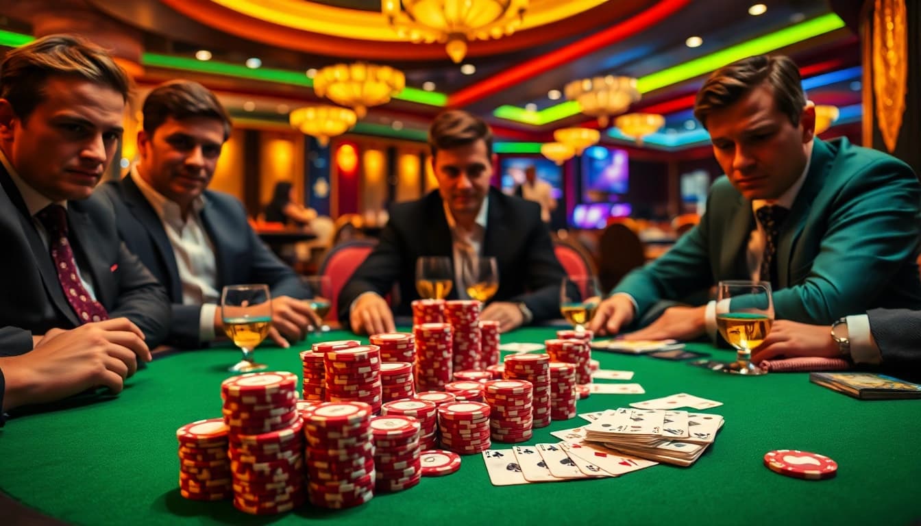 CM88 poker game featuring vibrant chips and cards, showcasing high stakes excitement.