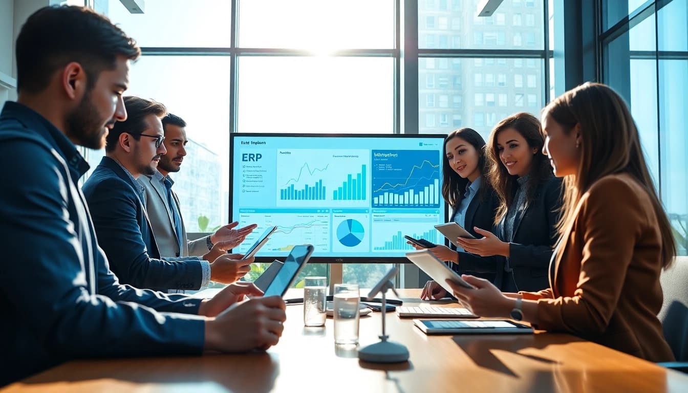 ERP çözümleri enhancement in a modern office with professionals collaborating on digital devices.