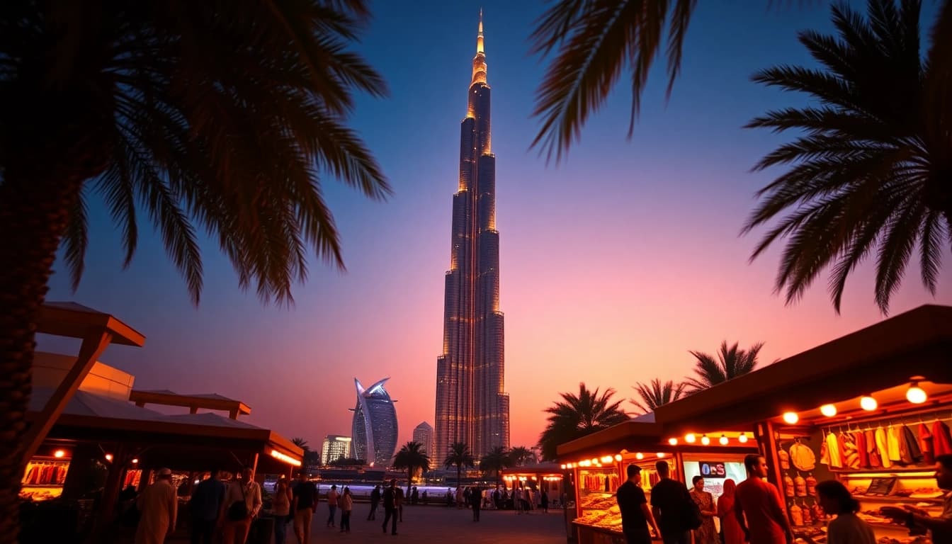 Experience the vibrant culture as you travel to Dubai with a stunning sunset over Burj Khalifa in view.