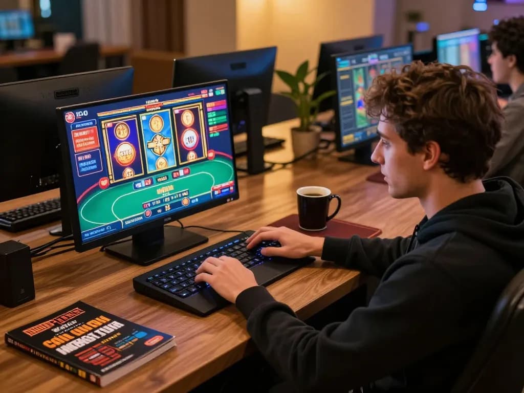 Nohu90 user engaging with online slots on laptop, showcasing home gaming atmosphere.
