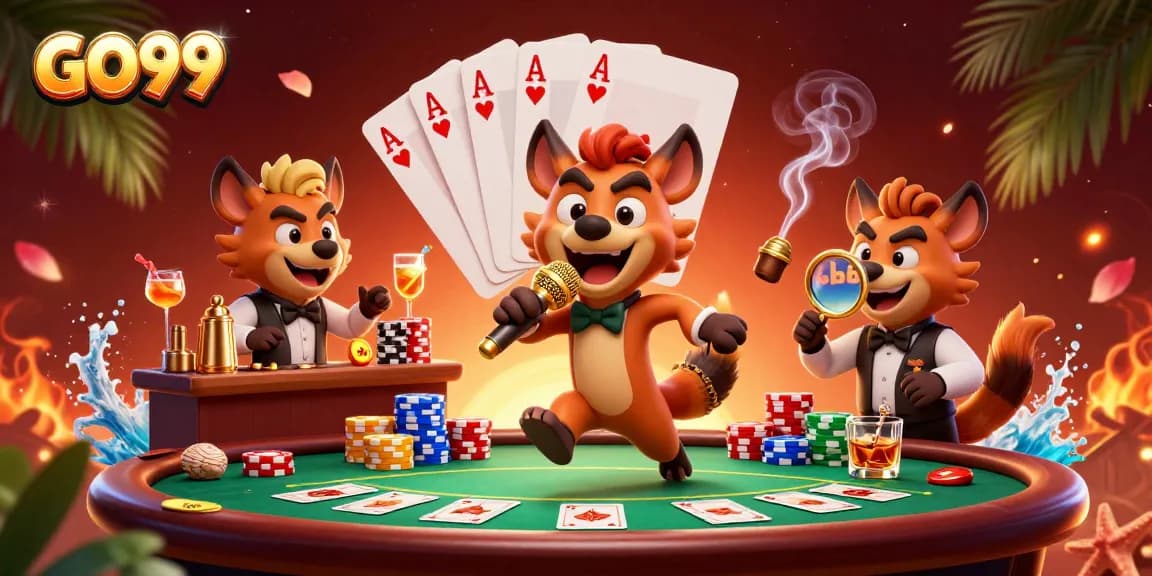 Watch GO99 hyenas entertaining in a vibrant casino scene with poker games and dynamic energy.
