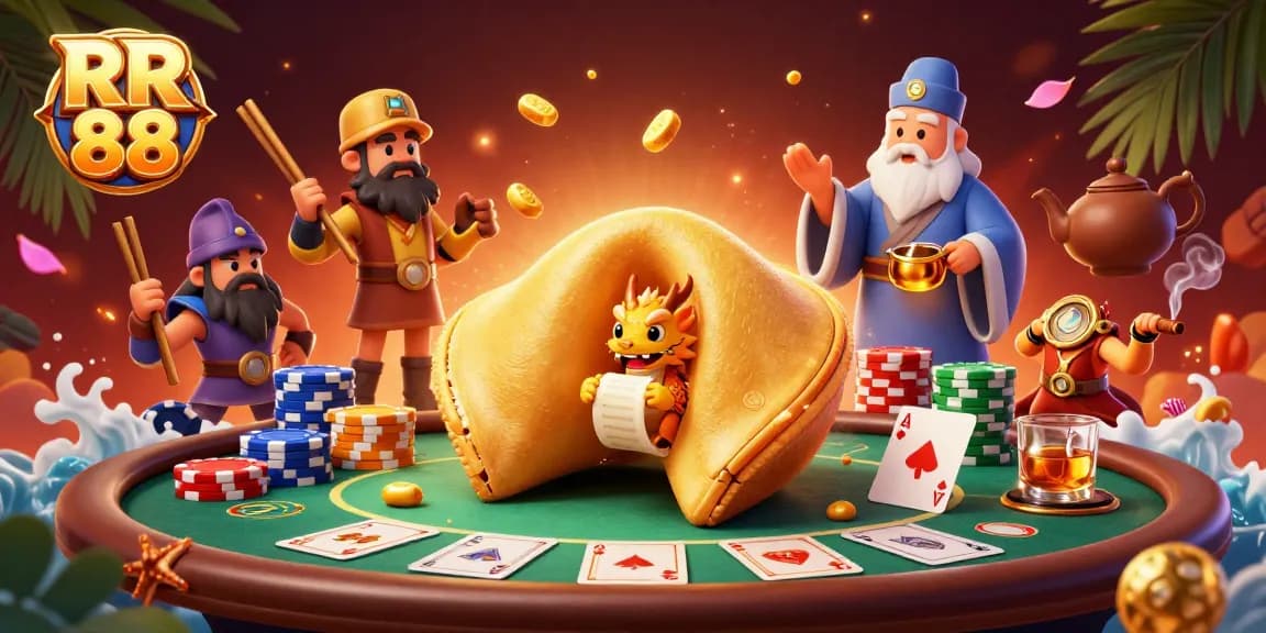 Experience thrilling gaming with RR 88 featuring a golden fortune cookie, poker elements, and colorful casino excitement.