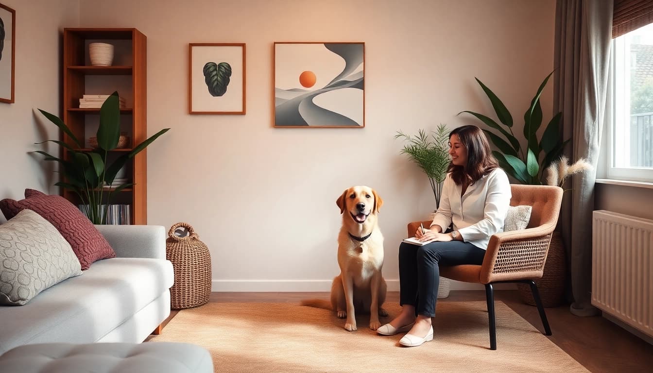 Engaging session with a Sydney Psychologist and therapy dog in a warm, inviting setting.