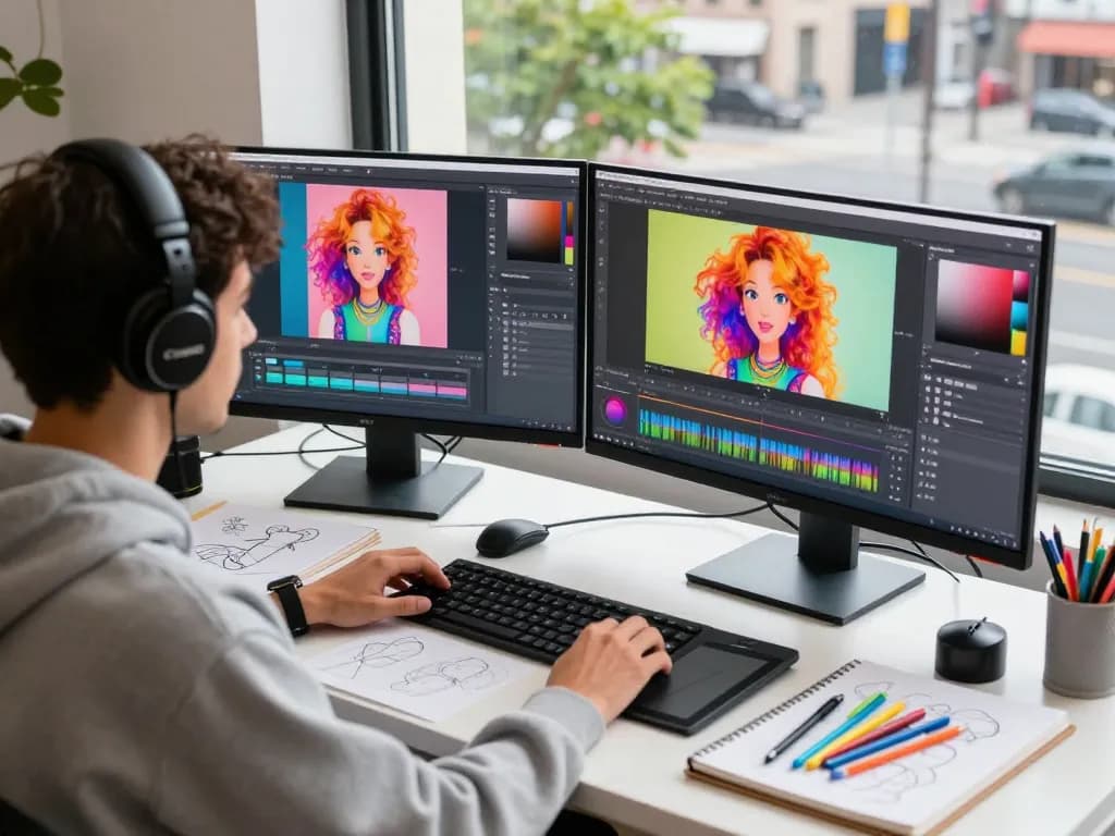 Digital artist using nano banana pro for vibrant image editing in creative workspace.