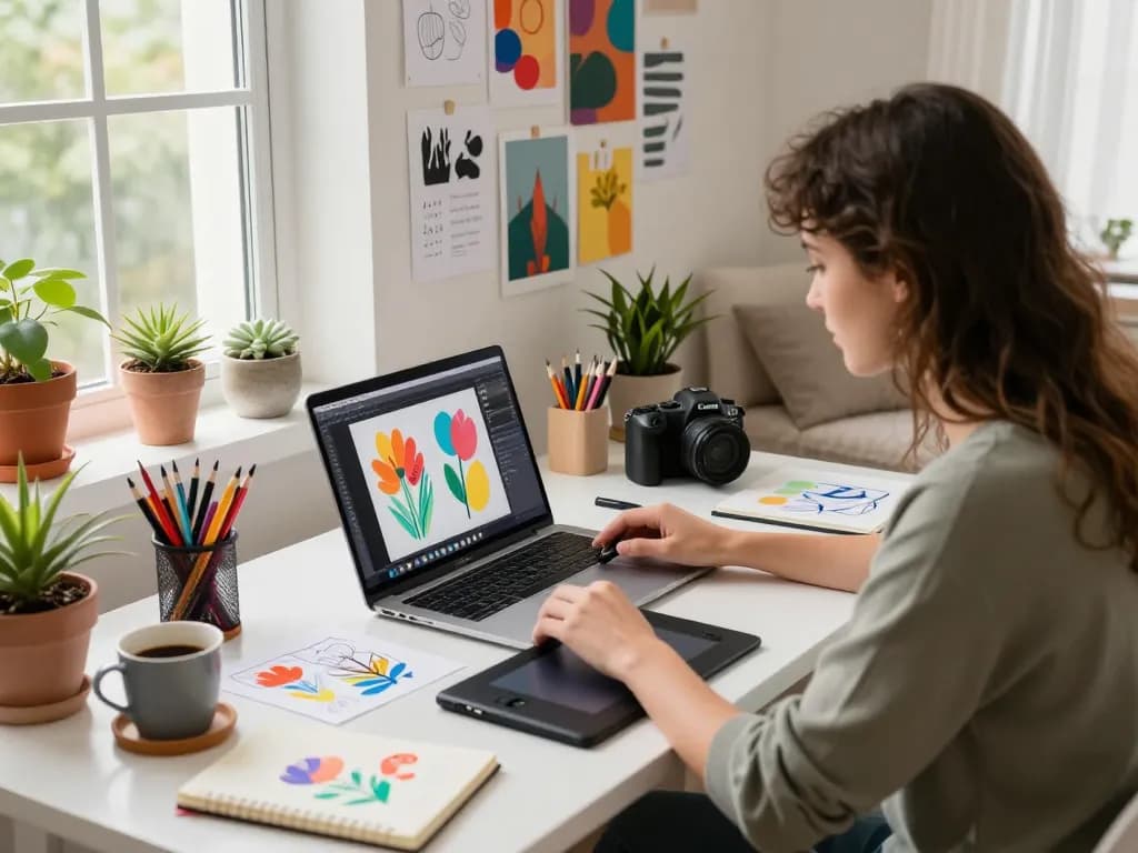 Generate image to prompt for AI art in a creative workspace with vibrant sketches and natural light.