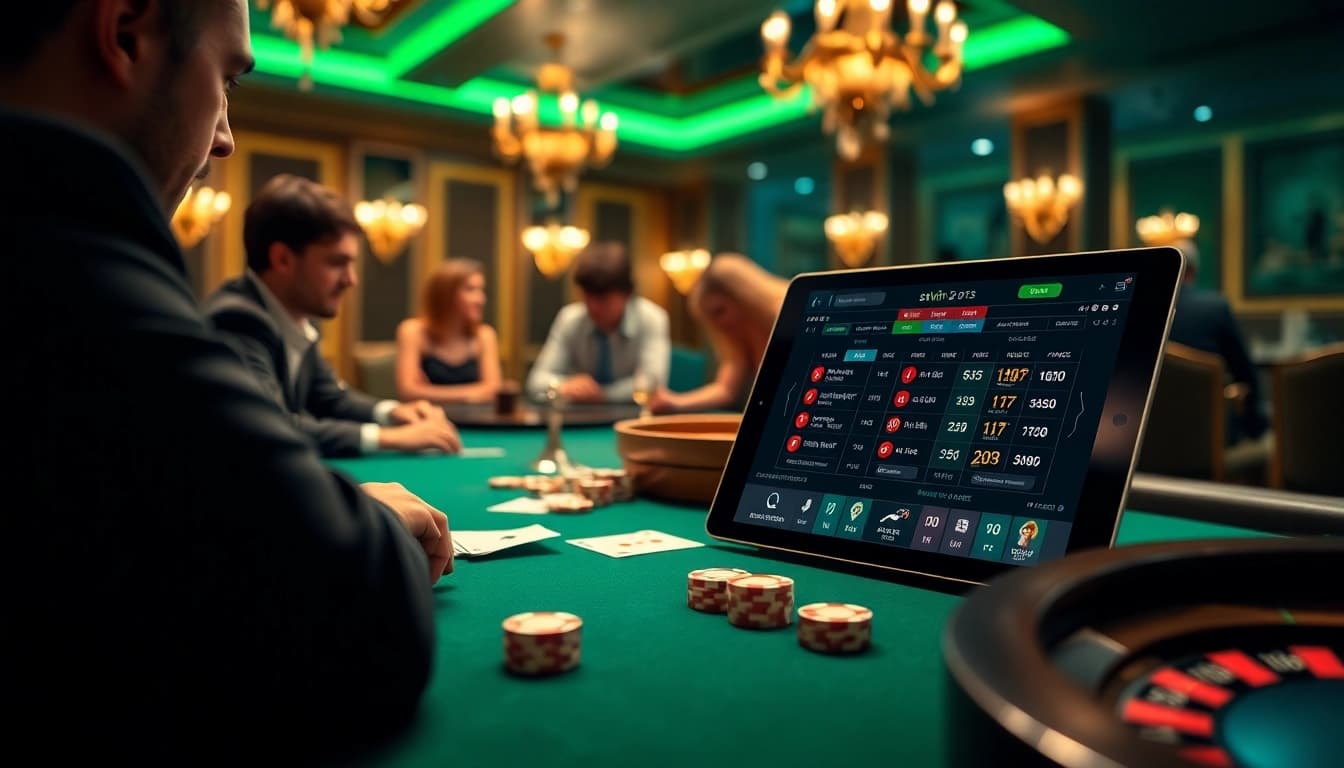 Engaging in a thrilling card game at a slvip casino table, featuring chips and a roulette wheel for an immersive experience.