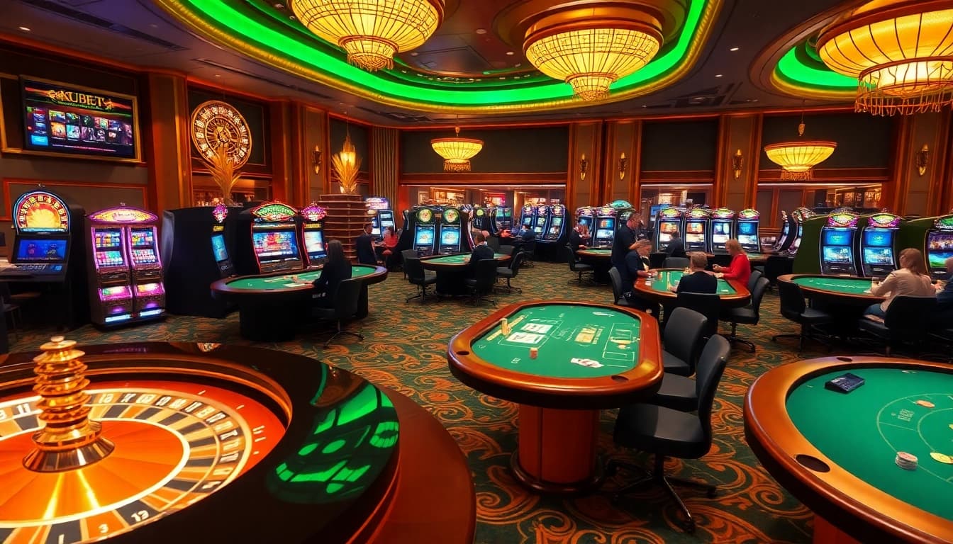 Kubet casino scene showcasing roulette, slot machines, and poker tables for thrilling gameplay.