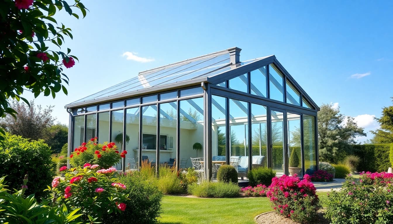Discover a stunning sunroom for sale surrounded by vibrant flowers and greenery.