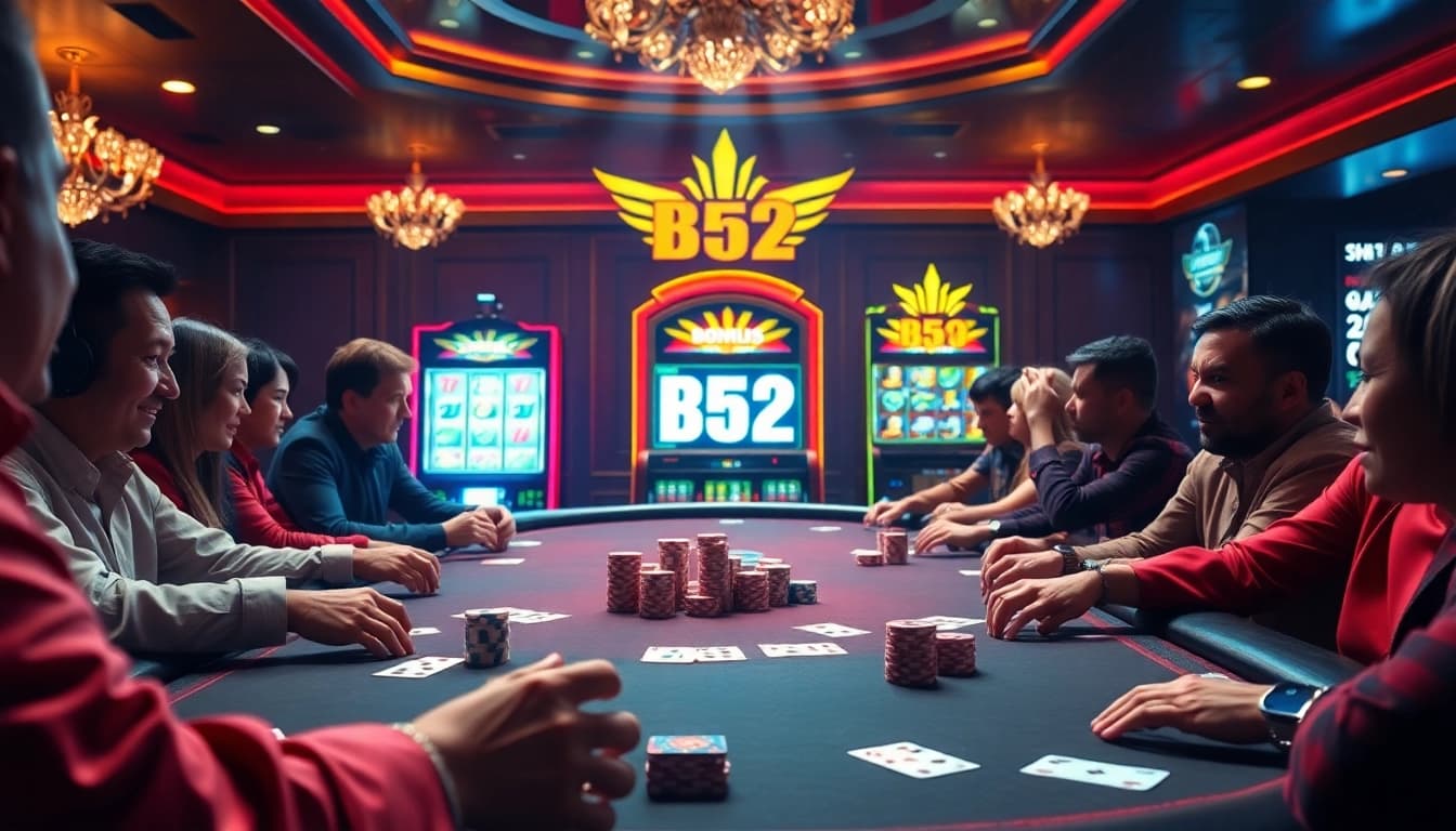B52 Casino Scene: Professional poker players engaged at an elegant table, colorful chips and cards in play.