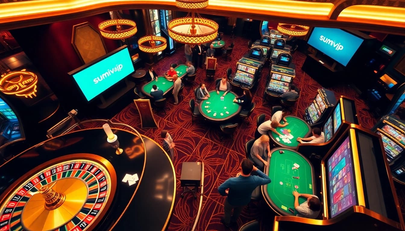 Experience the excitement of the sumvip app with a luxurious casino scene featuring vibrant games and players enjoying their bets.