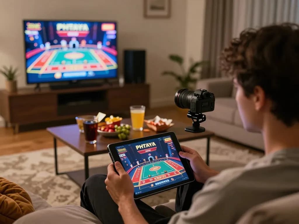 PHTAYA user engaging in online gaming with tablet on cozy sofa, showcasing immersive gameplay atmosphere