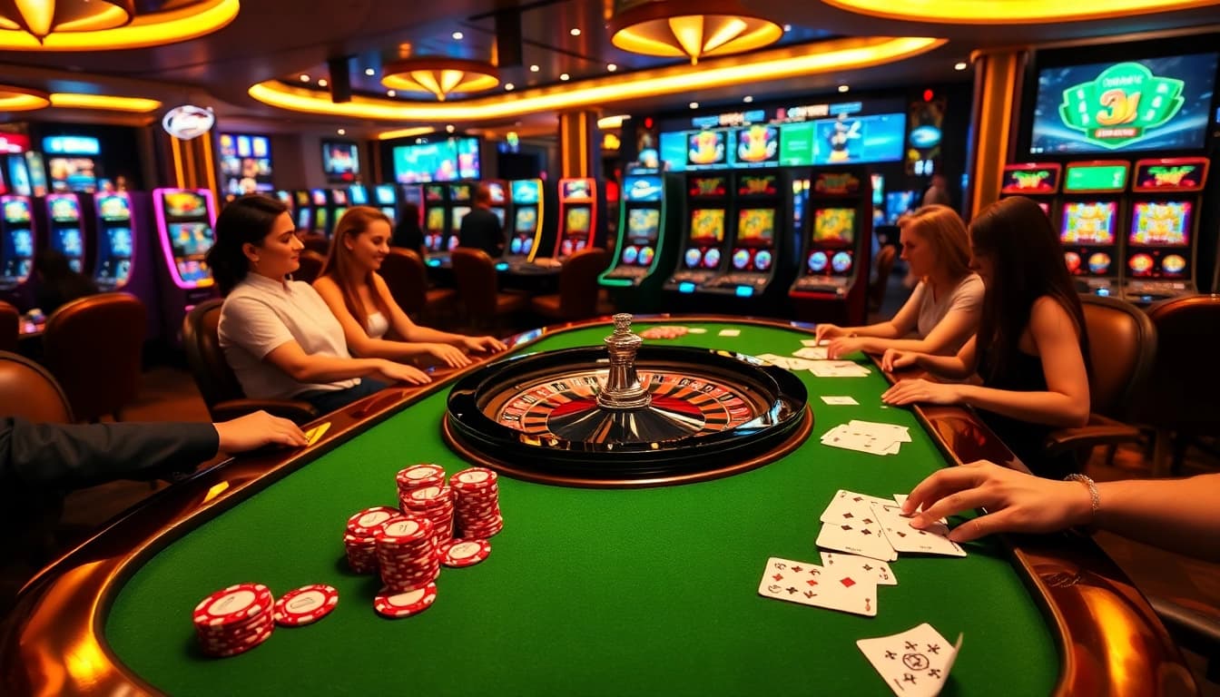 Engaging scene of players strategizing at the DH88 casino table with vibrant gambling elements.