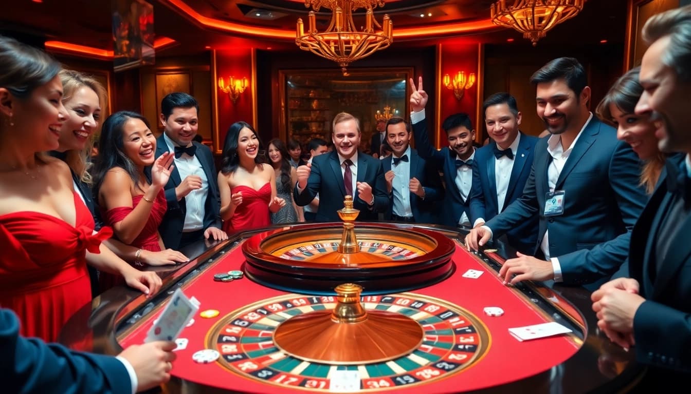 Players engaging with the thrilling rr 88 roulette table in a vibrant casino scene.