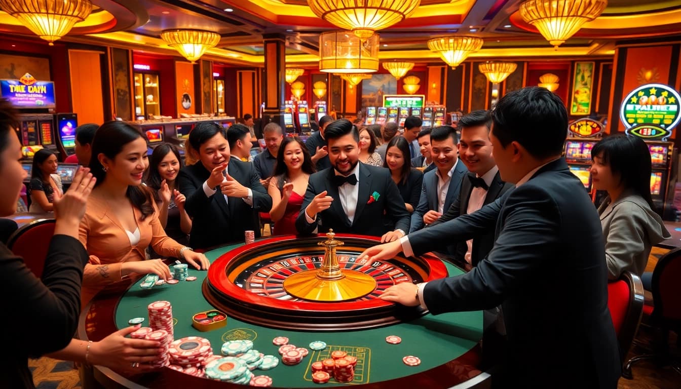 Tác giả Trần Chinh analyzes casino strategies at a lively roulette table with players.