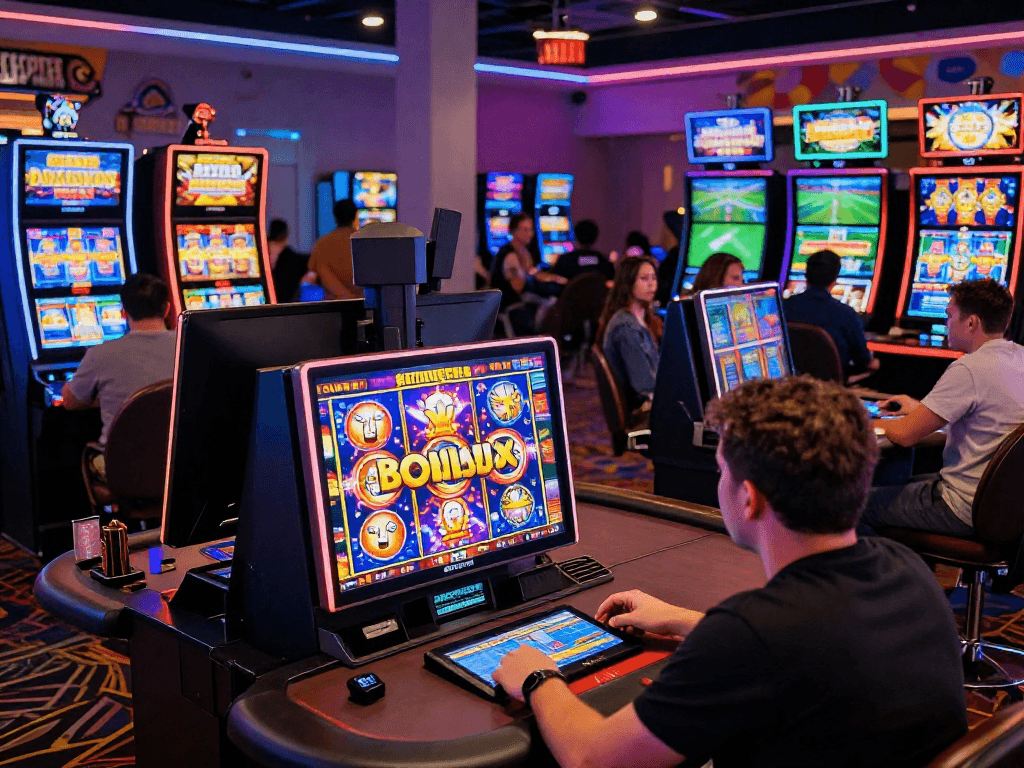 Players enjoying a casino not on gamstop, spinning slots and engaging with live dealer games in a vibrant online environment.