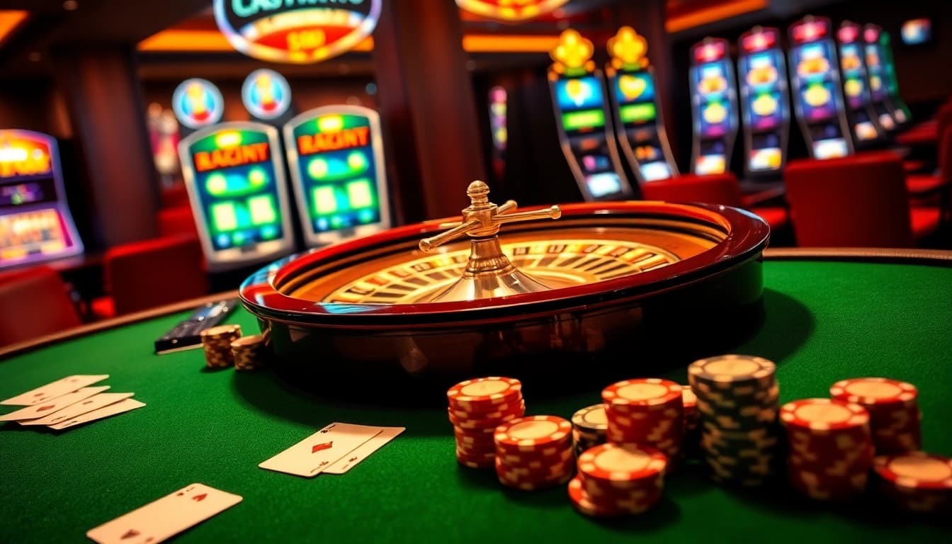 Experience the excitement of RR88 at a luxurious casino with high-stakes poker tables and vibrant slot machines.