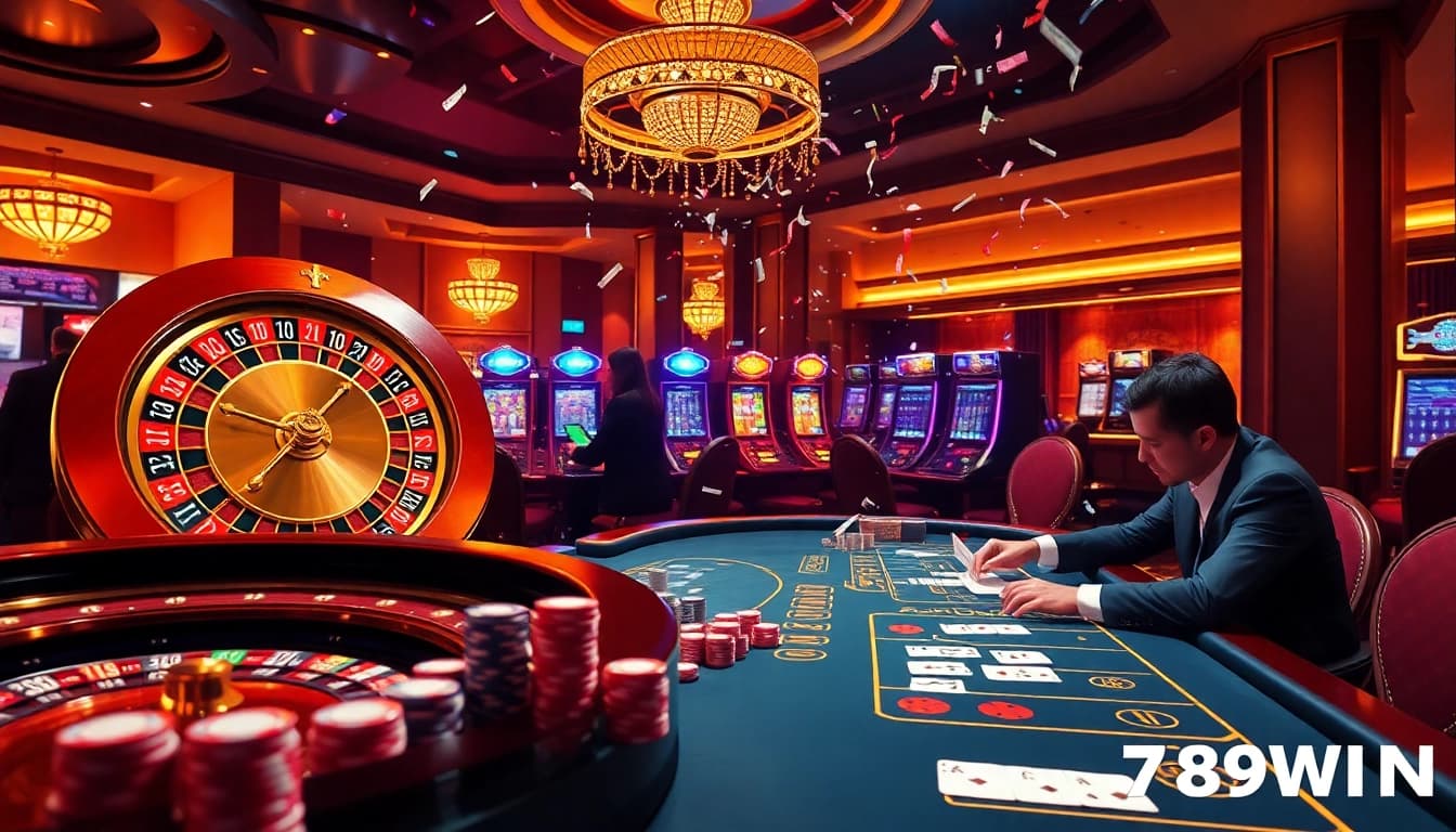 Gamblers winning big at an online casino showcased on https://789win.apartments/ with a vibrant roulette wheel and poker chips.