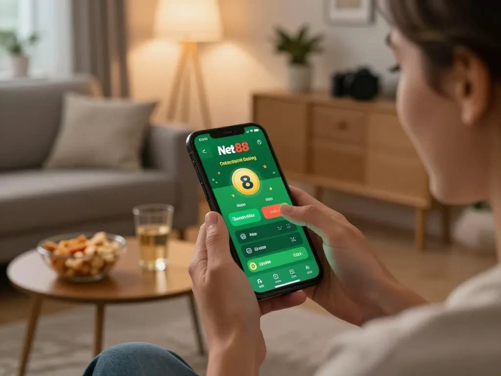 Person engaging with the Net 88 betting app on smartphone, showcasing an exciting home gaming atmosphere.