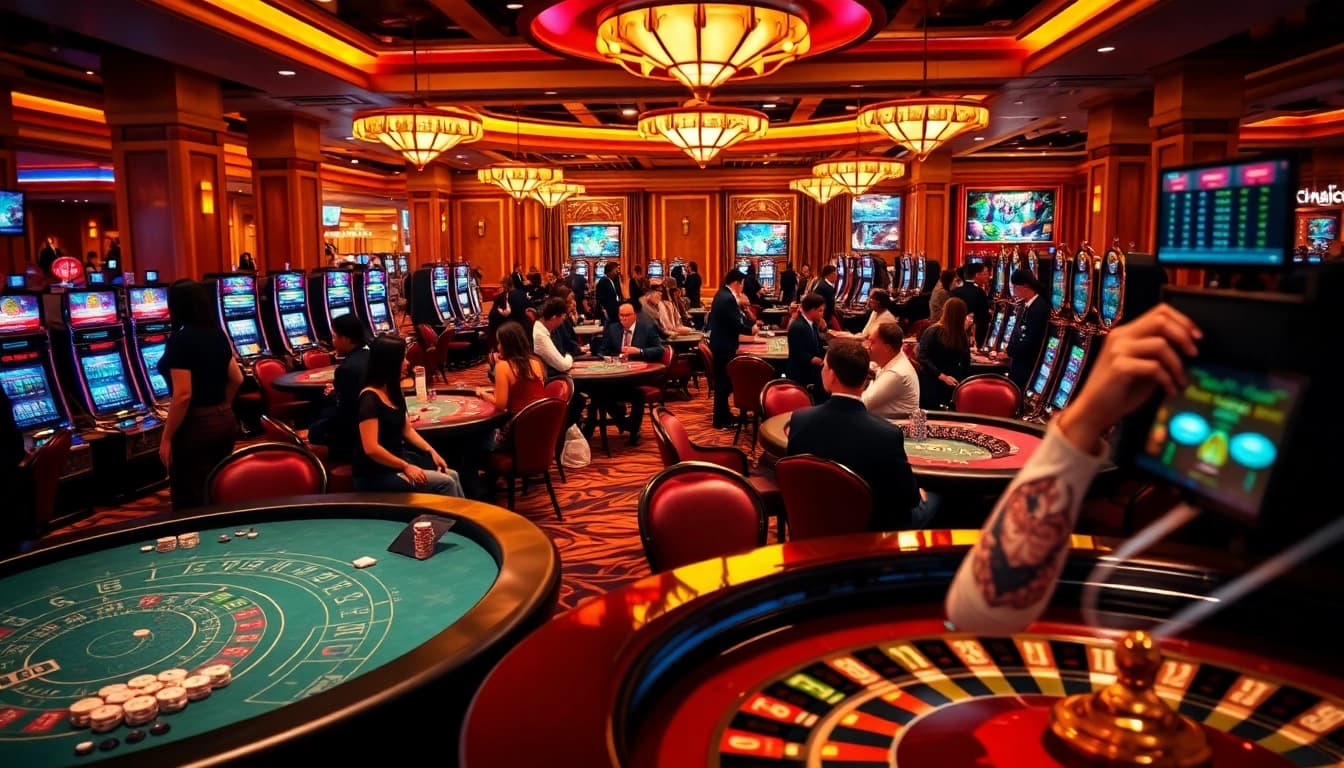 Gambling excitement at https://vin88a.co.com/ casino with energetic players and vibrant slot machines.