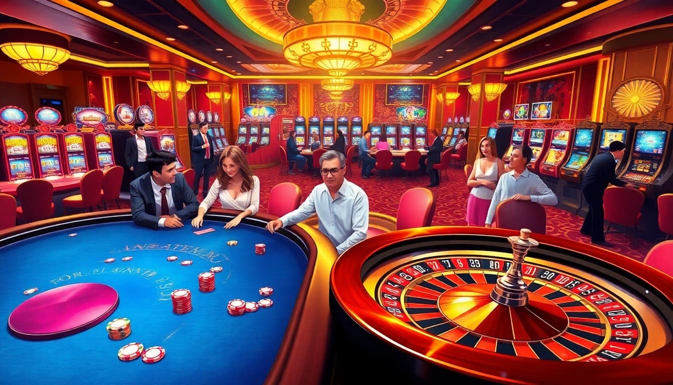 Exciting gaming action at 789club featuring poker chips, a roulette wheel, and vibrant slot machines.